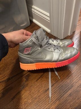 Jordan Kids Metallic Silver High-Top Sneakers with Pink and Orange Sole